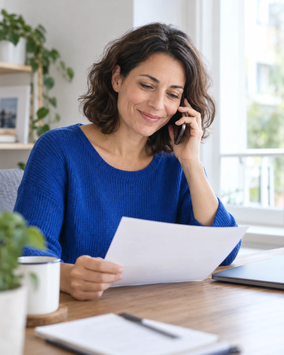 Une femme échange au téléphone en consultant des documents à son bureau.